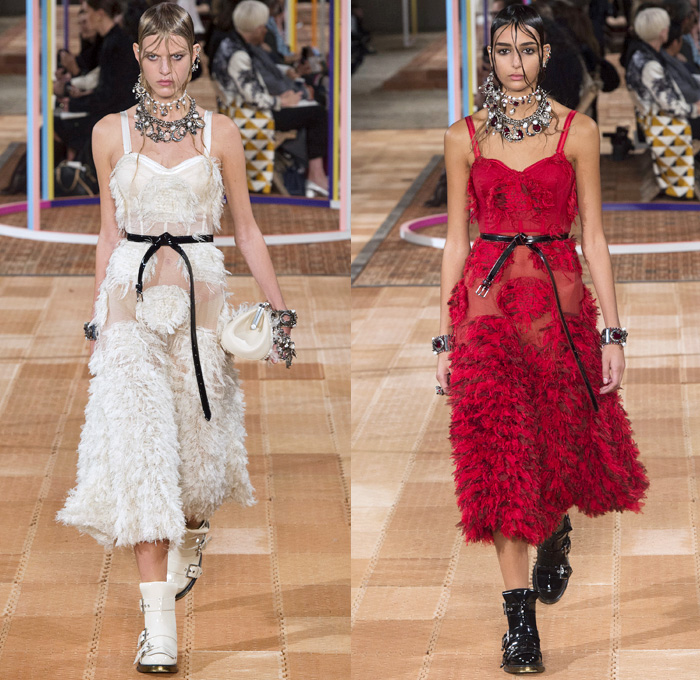 Alexander McQueen 2018 Spring Summer Womens Runway Catwalk Looks - Mode à Paris Fashion Week France - Denim Jeans Detachable Panels Buttons Skirt Trench Coat Motorcycle Biker Leather Jacket Zippers Crop Top Midriff Quilted Pantsuit Leg O'Mutton Sleeves Capelet One Shoulder Knit Sweater Basketweave 3D Flowers Floral Sheer Chiffon Organza Tulle Mesh Grid Plaid Bedazzled Tutu Maxi Dress Dress Gown Eveningwear Ruffles Tiered Noodle Strap Lace Fringes Feathers Gemstones Studs Boots Handbag