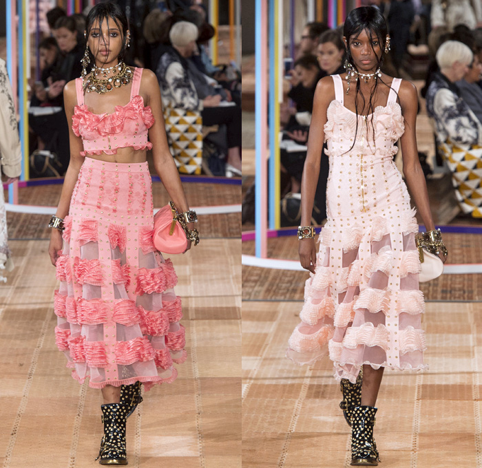 Alexander McQueen 2018 Spring Summer Womens Runway Catwalk Looks - Mode à Paris Fashion Week France - Denim Jeans Detachable Panels Buttons Skirt Trench Coat Motorcycle Biker Leather Jacket Zippers Crop Top Midriff Quilted Pantsuit Leg O'Mutton Sleeves Capelet One Shoulder Knit Sweater Basketweave 3D Flowers Floral Sheer Chiffon Organza Tulle Mesh Grid Plaid Bedazzled Tutu Maxi Dress Dress Gown Eveningwear Ruffles Tiered Noodle Strap Lace Fringes Feathers Gemstones Studs Boots Handbag