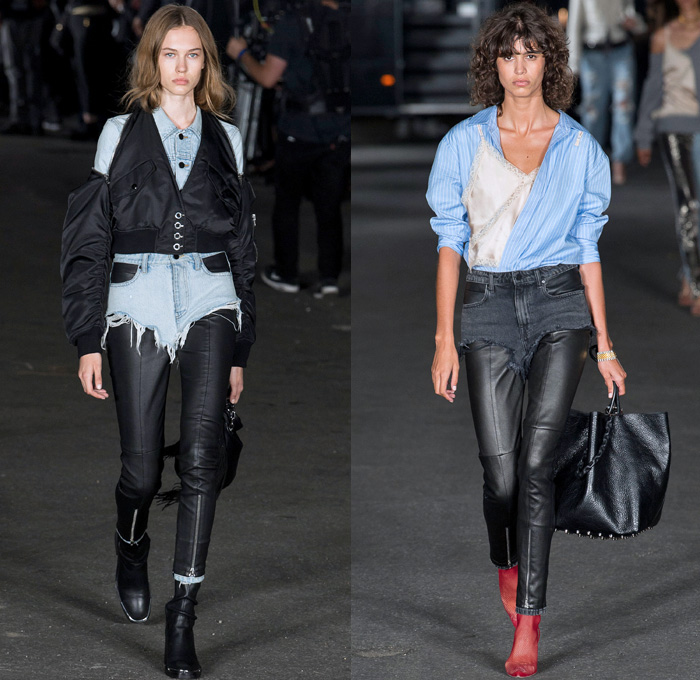 Alexander Wang 2018 Spring Summer Womens Runway Catwalk Looks - New York Fashion Week NYFW - Deconstructed Denim Destroyed Jeans Hybrid Cutoffs Shorts Pants Combo Lingerie Bralette Blouse Sweater Trench Coat Bomber Jacket Crop Top Pantsuit Vest Zippers Tie Up Waist Silk Satin Bedazzled Spikes Knit Lace Sheer Chiffon Tulle Bustier Dress Sleepwear Pajamas Fringes Athleisure Jogger Sweatpants Biker Cargo Fatigues Stockings Fishnet Boots Bag Tote Mesh Scarf Necklace Adidas Fanny Pack Waist Pouch