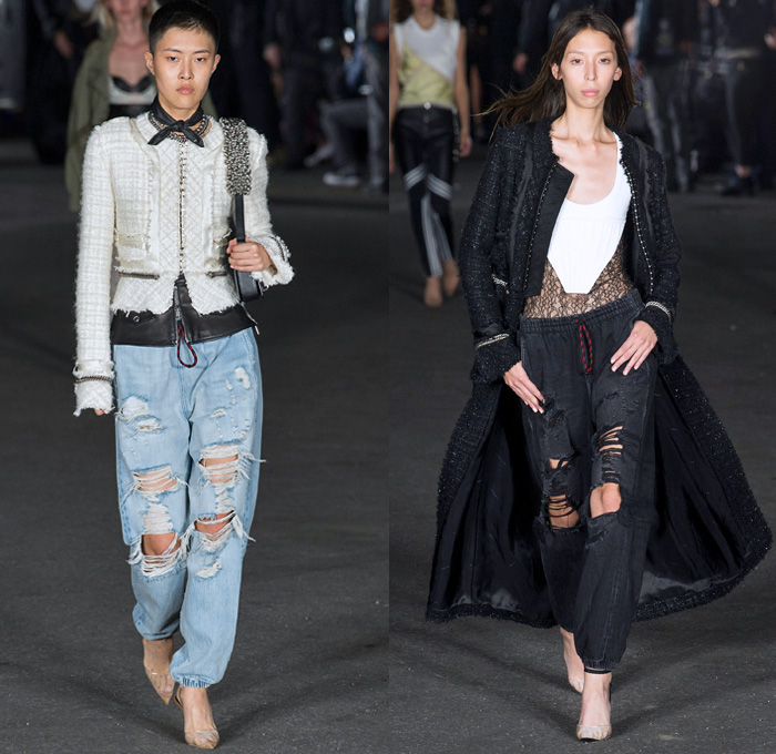 Alexander Wang 2018 Spring Summer Womens Runway Catwalk Looks - New York Fashion Week NYFW - Deconstructed Denim Destroyed Jeans Hybrid Cutoffs Shorts Pants Combo Lingerie Bralette Blouse Sweater Trench Coat Bomber Jacket Crop Top Pantsuit Vest Zippers Tie Up Waist Silk Satin Bedazzled Spikes Knit Lace Sheer Chiffon Tulle Bustier Dress Sleepwear Pajamas Fringes Athleisure Jogger Sweatpants Biker Cargo Fatigues Stockings Fishnet Boots Bag Tote Mesh Scarf Necklace Adidas Fanny Pack Waist Pouch