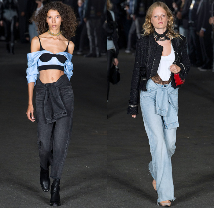 Alexander Wang 2018 Spring Summer Womens Runway Catwalk Looks - New York Fashion Week NYFW - Deconstructed Denim Destroyed Jeans Hybrid Cutoffs Shorts Pants Combo Lingerie Bralette Blouse Sweater Trench Coat Bomber Jacket Crop Top Pantsuit Vest Zippers Tie Up Waist Silk Satin Bedazzled Spikes Knit Lace Sheer Chiffon Tulle Bustier Dress Sleepwear Pajamas Fringes Athleisure Jogger Sweatpants Biker Cargo Fatigues Stockings Fishnet Boots Bag Tote Mesh Scarf Necklace Adidas Fanny Pack Waist Pouch