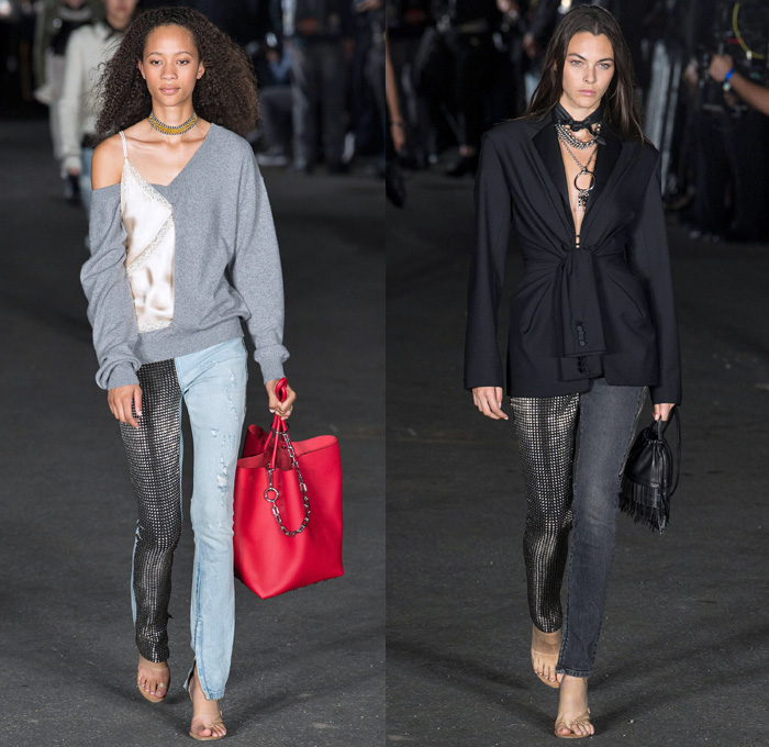 Alexander Wang 2018 Spring Summer Womens Runway Catwalk Looks - New York Fashion Week NYFW - Deconstructed Denim Destroyed Jeans Hybrid Cutoffs Shorts Pants Combo Lingerie Bralette Blouse Sweater Trench Coat Bomber Jacket Crop Top Pantsuit Vest Zippers Tie Up Waist Silk Satin Bedazzled Spikes Knit Lace Sheer Chiffon Tulle Bustier Dress Sleepwear Pajamas Fringes Athleisure Jogger Sweatpants Biker Cargo Fatigues Stockings Fishnet Boots Bag Tote Mesh Scarf Necklace Adidas Fanny Pack Waist Pouch