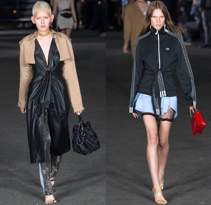 Alexander Wang 2018 Spring Summer Womens Runway Catwalk Looks - New York Fashion Week NYFW - Deconstructed Denim Destroyed Jeans Hybrid Cutoffs Shorts Pants Combo Lingerie Bralette Blouse Sweater Trench Coat Bomber Jacket Crop Top Pantsuit Vest Zippers Tie Up Waist Silk Satin Bedazzled Spikes Knit Lace Sheer Chiffon Tulle Bustier Dress Sleepwear Pajamas Fringes Athleisure Jogger Sweatpants Biker Cargo Fatigues Stockings Fishnet Boots Bag Tote Mesh Scarf Necklace Adidas Fanny Pack Waist Pouch