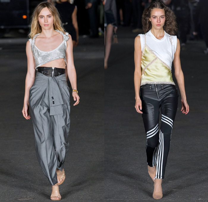 Alexander Wang 2018 Spring Summer Womens Runway Catwalk Looks - New York Fashion Week NYFW - Deconstructed Denim Destroyed Jeans Hybrid Cutoffs Shorts Pants Combo Lingerie Bralette Blouse Sweater Trench Coat Bomber Jacket Crop Top Pantsuit Vest Zippers Tie Up Waist Silk Satin Bedazzled Spikes Knit Lace Sheer Chiffon Tulle Bustier Dress Sleepwear Pajamas Fringes Athleisure Jogger Sweatpants Biker Cargo Fatigues Stockings Fishnet Boots Bag Tote Mesh Scarf Necklace Adidas Fanny Pack Waist Pouch