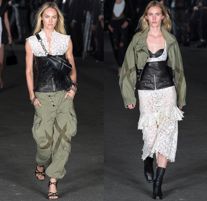 Alexander Wang 2018 Spring Summer Womens Runway Catwalk Looks - New York Fashion Week NYFW - Deconstructed Denim Destroyed Jeans Hybrid Cutoffs Shorts Pants Combo Lingerie Bralette Blouse Sweater Trench Coat Bomber Jacket Crop Top Pantsuit Vest Zippers Tie Up Waist Silk Satin Bedazzled Spikes Knit Lace Sheer Chiffon Tulle Bustier Dress Sleepwear Pajamas Fringes Athleisure Jogger Sweatpants Biker Cargo Fatigues Stockings Fishnet Boots Bag Tote Mesh Scarf Necklace Adidas Fanny Pack Waist Pouch