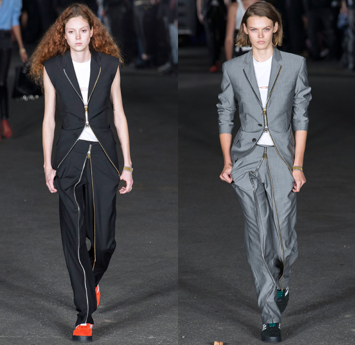 Alexander Wang 2018 Spring Summer Womens Runway Catwalk Looks - New York Fashion Week NYFW - Deconstructed Denim Destroyed Jeans Hybrid Cutoffs Shorts Pants Combo Lingerie Bralette Blouse Sweater Trench Coat Bomber Jacket Crop Top Pantsuit Vest Zippers Tie Up Waist Silk Satin Bedazzled Spikes Knit Lace Sheer Chiffon Tulle Bustier Dress Sleepwear Pajamas Fringes Athleisure Jogger Sweatpants Biker Cargo Fatigues Stockings Fishnet Boots Bag Tote Mesh Scarf Necklace Adidas Fanny Pack Waist Pouch