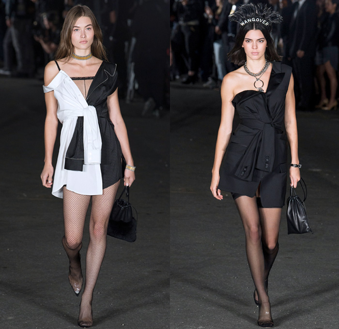 Alexander Wang 2018 Spring Summer Womens Runway Catwalk Looks - New York Fashion Week NYFW - Deconstructed Denim Destroyed Jeans Hybrid Cutoffs Shorts Pants Combo Lingerie Bralette Blouse Sweater Trench Coat Bomber Jacket Crop Top Pantsuit Vest Zippers Tie Up Waist Silk Satin Bedazzled Spikes Knit Lace Sheer Chiffon Tulle Bustier Dress Sleepwear Pajamas Fringes Athleisure Jogger Sweatpants Biker Cargo Fatigues Stockings Fishnet Boots Bag Tote Mesh Scarf Necklace Adidas Fanny Pack Waist Pouch