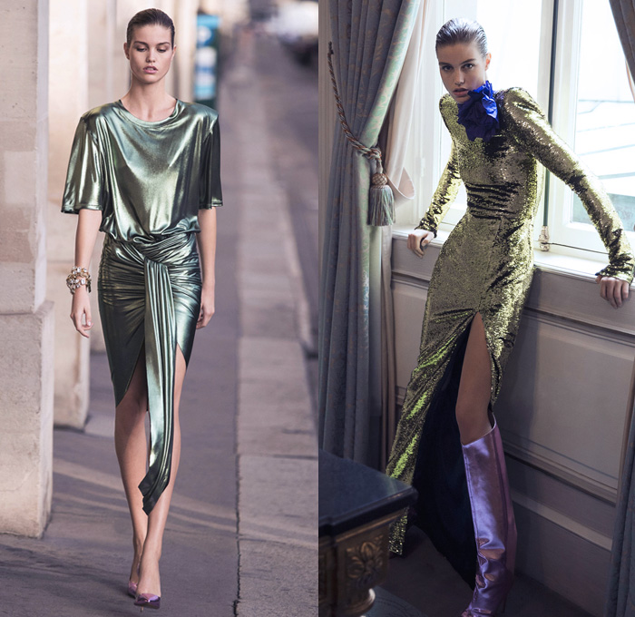 Alexandre Vauthier 2018 Spring Summer Womens Lookbook Presentation - Mode à Paris Fashion Week Mode Féminin France - Leg O'Mutton Sleeves Motorcycle Biker Jacket Embroidery Decorated Appliqués Bedazzled Sequins Lace Polka Dots Noodle Strap One Shoulder Wrap Tie Up Knot High Slit Maxi Dress Eveningwear Asymmetrical Hem Unitard Leotard Drapery Leggings Tights Metallic Knee High Boots Earrings Veil Fishnet Fez Head Cap Circular Hat