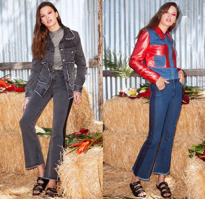 Alyssa Less 2018 Spring Summer Womens Lookbook Presentation - New York Fashion Week NYFW - Denim Jeans Frayed Raw Hem Shirt Blouse Motorcycle Biker Vest Combo Zipper Jacket Dress Skirt Shorts Cutoffs Patchwork Embossed Engraved Cargo Pockets Dark Wash Flare Knee Panels Metallic Foil Tie-Dye Wide Leg Trousers Palazzo Pants Sheen Silk Stripes Sandals Boots Scarf