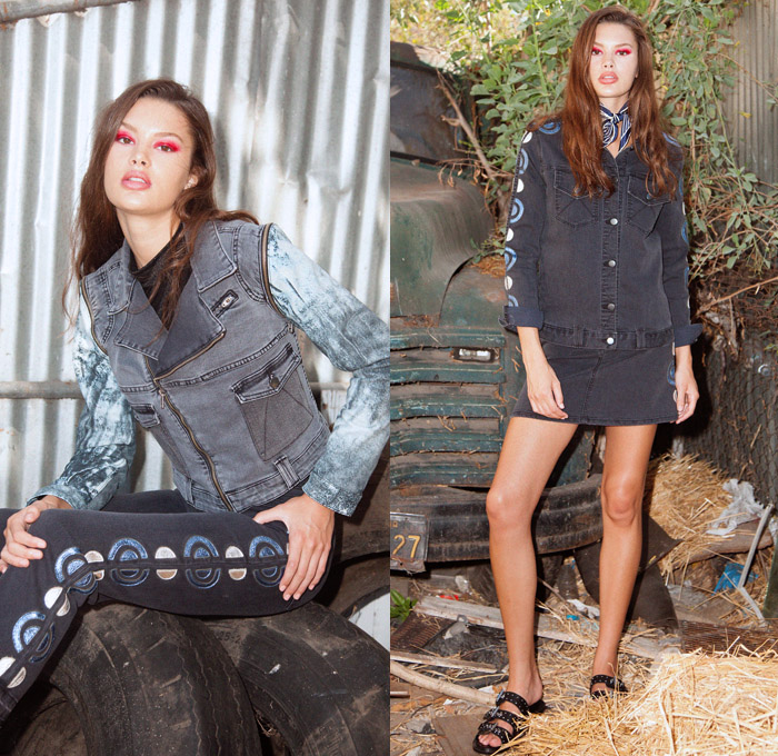 Alyssa Less 2018 Spring Summer Womens Lookbook Presentation - New York Fashion Week NYFW - Denim Jeans Frayed Raw Hem Shirt Blouse Motorcycle Biker Vest Combo Zipper Jacket Dress Skirt Shorts Cutoffs Patchwork Embossed Engraved Cargo Pockets Dark Wash Flare Knee Panels Metallic Foil Tie-Dye Wide Leg Trousers Palazzo Pants Sheen Silk Stripes Sandals Boots Scarf