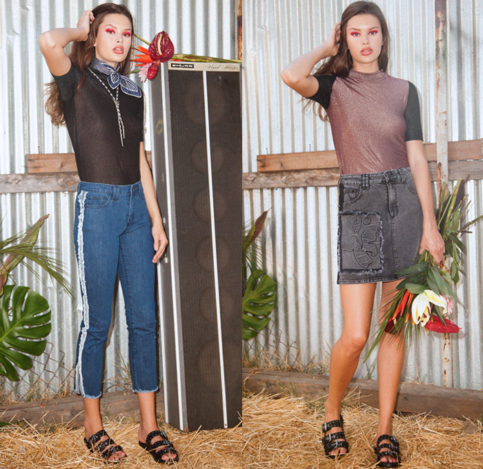 Alyssa Less 2018 Spring Summer Womens Lookbook Presentation - New York Fashion Week NYFW - Denim Jeans Frayed Raw Hem Shirt Blouse Motorcycle Biker Vest Combo Zipper Jacket Dress Skirt Shorts Cutoffs Patchwork Embossed Engraved Cargo Pockets Dark Wash Flare Knee Panels Metallic Foil Tie-Dye Wide Leg Trousers Palazzo Pants Sheen Silk Stripes Sandals Boots Scarf