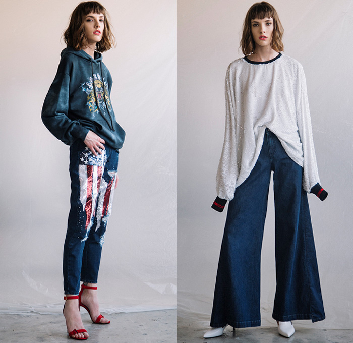 .Amen. 2018 Spring Summer Womens Lookbook Presentation - Frayed Raw Hem Denim Jeans Wide Leg Trousers Palazzo Pants Shorts Cutoffs Hooded Sweatshirt Sweater Jumper One Shoulder Shirtdress Sweaterdress Tankdress Varsity Bomberdress Shirt Lace Embroidery Needlework Pleats Tie-Dye Decorated Appliqués Bedazzled Sequins US American Sheer Chiffon Organza Tulle Bell Sleeves Lace Up Miniskirt Skirt Frock Flowers Floral Botanical Pattern Motif Stars Perforated Holes Ruffles Noodle Spaghetti Strap Dress Stiletto Heels Chelsea Boots Mules Cowgirl Western