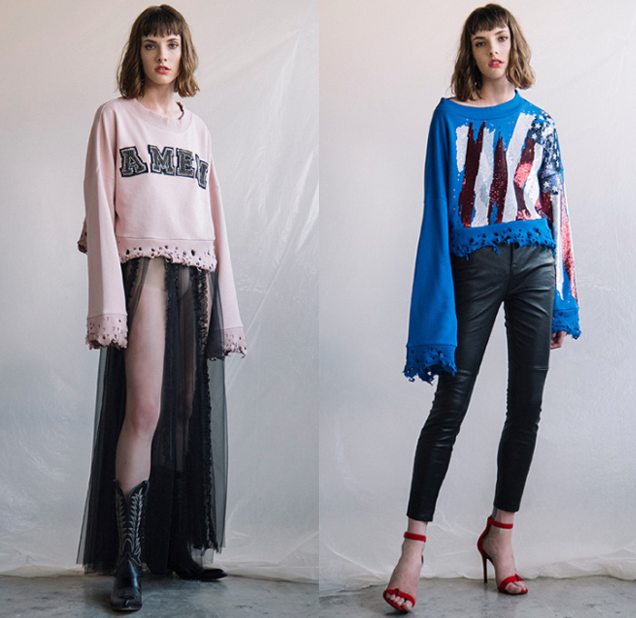 .Amen. 2018 Spring Summer Womens Lookbook Presentation - Frayed Raw Hem Denim Jeans Wide Leg Trousers Palazzo Pants Shorts Cutoffs Hooded Sweatshirt Sweater Jumper One Shoulder Shirtdress Sweaterdress Tankdress Varsity Bomberdress Shirt Lace Embroidery Needlework Pleats Tie-Dye Decorated Appliqués Bedazzled Sequins US American Sheer Chiffon Organza Tulle Bell Sleeves Lace Up Miniskirt Skirt Frock Flowers Floral Botanical Pattern Motif Stars Perforated Holes Ruffles Noodle Spaghetti Strap Dress Stiletto Heels Chelsea Boots Mules Cowgirl Western