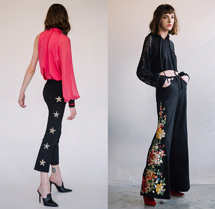 .Amen. 2018 Spring Summer Womens Lookbook Presentation - Frayed Raw Hem Denim Jeans Wide Leg Trousers Palazzo Pants Shorts Cutoffs Hooded Sweatshirt Sweater Jumper One Shoulder Shirtdress Sweaterdress Tankdress Varsity Bomberdress Shirt Lace Embroidery Needlework Pleats Tie-Dye Decorated Appliqués Bedazzled Sequins US American Sheer Chiffon Organza Tulle Bell Sleeves Lace Up Miniskirt Skirt Frock Flowers Floral Botanical Pattern Motif Stars Perforated Holes Ruffles Noodle Spaghetti Strap Dress Stiletto Heels Chelsea Boots Mules Cowgirl Western