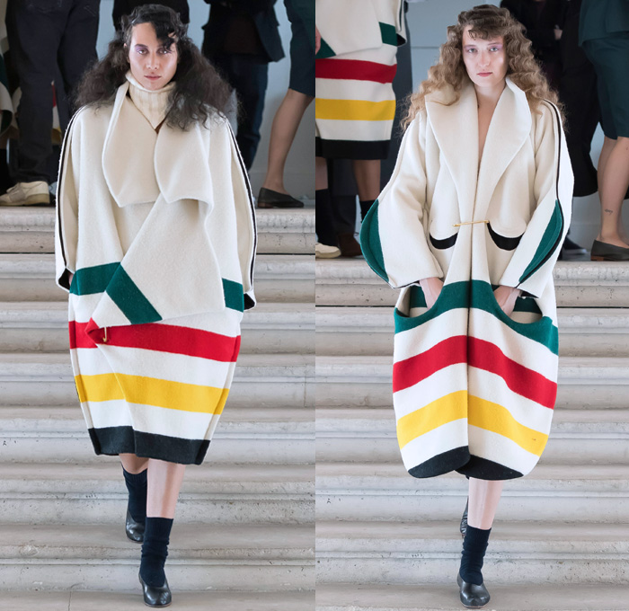 And Re Walker 2018 Spring Summer Womens Runway Catwalk Looks - Mode à Paris Fashion Week Mode Féminin France - Oversized Outerwear Coat Wide Lapel Poncho Cloak Stripes Turtleneck Knitwear Sweater Jumper Fins Curved Pockets Wool Fleece Pussy Pussycat Bow Safety Pin Quilted Waffle Kimono Wrap Wide Sleeves Long Sleeve Blouse Shirt Lace Up Shoe-Shaped Miniskirt Shorts