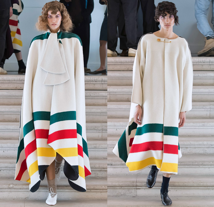 And Re Walker 2018 Spring Summer Womens Runway Catwalk Looks - Mode à Paris Fashion Week Mode Féminin France - Oversized Outerwear Coat Wide Lapel Poncho Cloak Stripes Turtleneck Knitwear Sweater Jumper Fins Curved Pockets Wool Fleece Pussy Pussycat Bow Safety Pin Quilted Waffle Kimono Wrap Wide Sleeves Long Sleeve Blouse Shirt Lace Up Shoe-Shaped Miniskirt Shorts