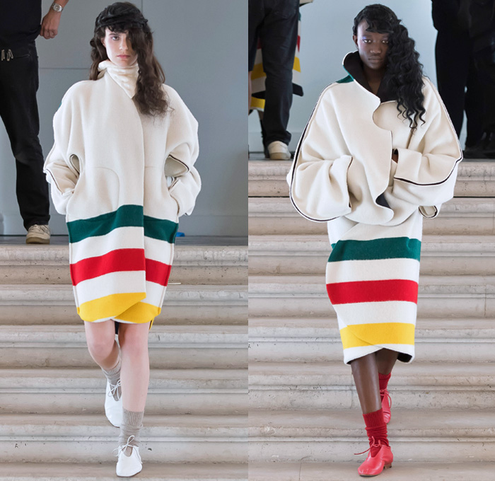 And Re Walker 2018 Spring Summer Womens Runway Catwalk Looks - Mode à Paris Fashion Week Mode Féminin France - Oversized Outerwear Coat Wide Lapel Poncho Cloak Stripes Turtleneck Knitwear Sweater Jumper Fins Curved Pockets Wool Fleece Pussy Pussycat Bow Safety Pin Quilted Waffle Kimono Wrap Wide Sleeves Long Sleeve Blouse Shirt Lace Up Shoe-Shaped Miniskirt Shorts