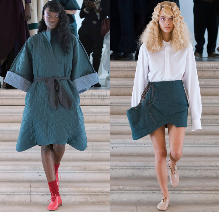 And Re Walker 2018 Spring Summer Womens Runway Catwalk Looks - Mode à Paris Fashion Week Mode Féminin France - Oversized Outerwear Coat Wide Lapel Poncho Cloak Stripes Turtleneck Knitwear Sweater Jumper Fins Curved Pockets Wool Fleece Pussy Pussycat Bow Safety Pin Quilted Waffle Kimono Wrap Wide Sleeves Long Sleeve Blouse Shirt Lace Up Shoe-Shaped Miniskirt Shorts