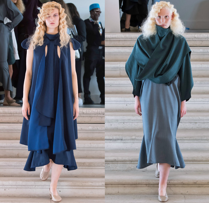 And Re Walker 2018 Spring Summer Womens Runway Catwalk Looks - Mode à Paris Fashion Week Mode Féminin France - Oversized Outerwear Coat Wide Lapel Poncho Cloak Stripes Turtleneck Knitwear Sweater Jumper Fins Curved Pockets Wool Fleece Pussy Pussycat Bow Safety Pin Quilted Waffle Kimono Wrap Wide Sleeves Long Sleeve Blouse Shirt Lace Up Shoe-Shaped Miniskirt Shorts