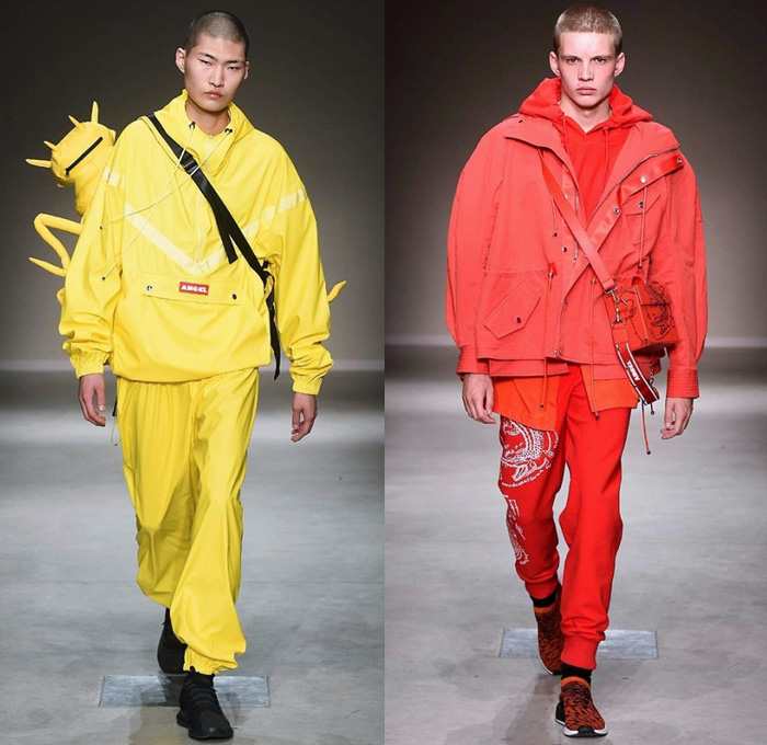 Angel Chen 2018 Spring Summer Mens Runway Catwalk Looks - Milano Moda Donna Collezione Milan Fashion Week Italy - Outerwear Parka Coat Poncho Cloak Nylon Anorak Windbreaker Jacket Hood Sweatshirt Trackpants Drawstring Yellow Red Cargo Pockets Motorcycle Biker Denim Jeans Leaves Foliage Motif Birds Tiger Jungle Polka Dots Asian Hanzi Kanji Fringes Shorts Ornamental Print Decorative Art Alien Bag Crossbody Lunchbox Trainers Sunglasses Gloves