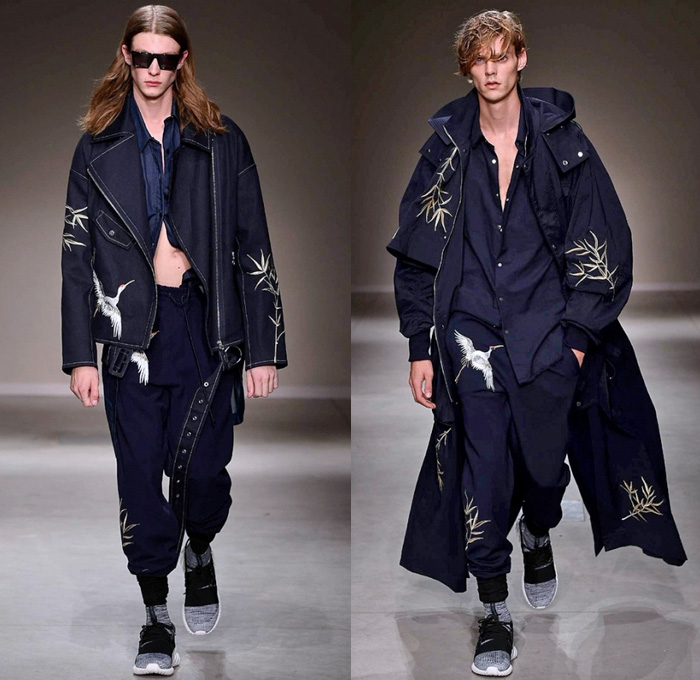 Angel Chen 2018 Spring Summer Mens Runway Catwalk Looks - Milano Moda Donna Collezione Milan Fashion Week Italy - Outerwear Parka Coat Poncho Cloak Nylon Anorak Windbreaker Jacket Hood Sweatshirt Trackpants Drawstring Yellow Red Cargo Pockets Motorcycle Biker Denim Jeans Leaves Foliage Motif Birds Tiger Jungle Polka Dots Asian Hanzi Kanji Fringes Shorts Ornamental Print Decorative Art Alien Bag Crossbody Lunchbox Trainers Sunglasses Gloves