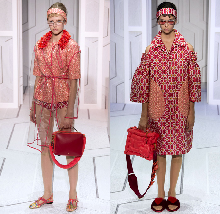 Anya Hindmarch 2018 Spring Summer Womens Runway Catwalk Looks - London Fashion Week Collections United Kingdom - Coat Rainwear Plastic Wide Lapel Sweatshirt Shirtdress Blouse Cutout Shoulders Bell Sleeves Halterneck Collar Hearts Diamonds Rings Embroidery Bedazzled Brocade Jacquard Nerd Geek Grandma Chic Patchwork Flowers Floral Grid Check Maxi Dress Hotpants Hosiery Headband Colored Sunglasses Pillow Puffer Handbag Barrel Canteen Bag Smiley Face Furry Slippers Tote School Shoes Animals