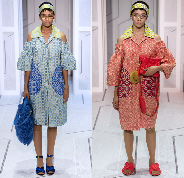 Anya Hindmarch 2018 Spring Summer Womens Runway Catwalk Looks - London Fashion Week Collections United Kingdom - Coat Rainwear Plastic Wide Lapel Sweatshirt Shirtdress Blouse Cutout Shoulders Bell Sleeves Halterneck Collar Hearts Diamonds Rings Embroidery Bedazzled Brocade Jacquard Nerd Geek Grandma Chic Patchwork Flowers Floral Grid Check Maxi Dress Hotpants Hosiery Headband Colored Sunglasses Pillow Puffer Handbag Barrel Canteen Bag Smiley Face Furry Slippers Tote School Shoes Animals