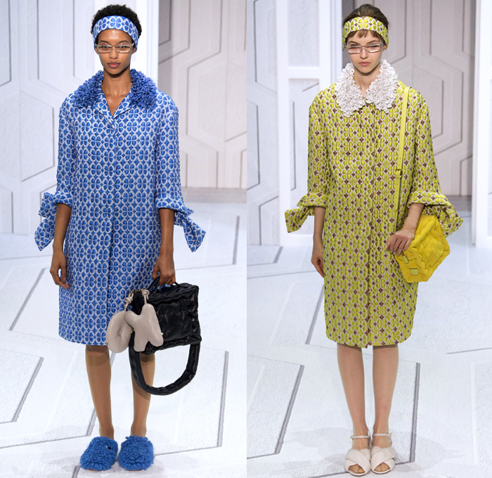 Anya Hindmarch 2018 Spring Summer Womens Runway Catwalk Looks - London Fashion Week Collections United Kingdom - Coat Rainwear Plastic Wide Lapel Sweatshirt Shirtdress Blouse Cutout Shoulders Bell Sleeves Halterneck Collar Hearts Diamonds Rings Embroidery Bedazzled Brocade Jacquard Nerd Geek Grandma Chic Patchwork Flowers Floral Grid Check Maxi Dress Hotpants Hosiery Headband Colored Sunglasses Pillow Puffer Handbag Barrel Canteen Bag Smiley Face Furry Slippers Tote School Shoes Animals