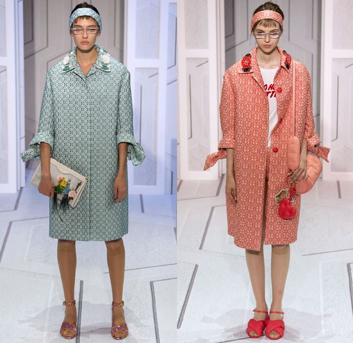 Anya Hindmarch 2018 Spring Summer Womens Runway Catwalk Looks - London Fashion Week Collections United Kingdom - Coat Rainwear Plastic Wide Lapel Sweatshirt Shirtdress Blouse Cutout Shoulders Bell Sleeves Halterneck Collar Hearts Diamonds Rings Embroidery Bedazzled Brocade Jacquard Nerd Geek Grandma Chic Patchwork Flowers Floral Grid Check Maxi Dress Hotpants Hosiery Headband Colored Sunglasses Pillow Puffer Handbag Barrel Canteen Bag Smiley Face Furry Slippers Tote School Shoes Animals