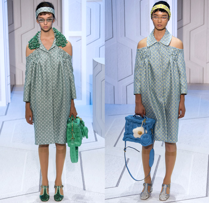 Anya Hindmarch 2018 Spring Summer Womens Runway Catwalk Looks - London Fashion Week Collections United Kingdom - Coat Rainwear Plastic Wide Lapel Sweatshirt Shirtdress Blouse Cutout Shoulders Bell Sleeves Halterneck Collar Hearts Diamonds Rings Embroidery Bedazzled Brocade Jacquard Nerd Geek Grandma Chic Patchwork Flowers Floral Grid Check Maxi Dress Hotpants Hosiery Headband Colored Sunglasses Pillow Puffer Handbag Barrel Canteen Bag Smiley Face Furry Slippers Tote School Shoes Animals