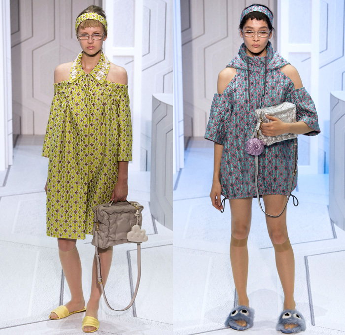 Anya Hindmarch 2018 Spring Summer Womens Runway Catwalk Looks - London Fashion Week Collections United Kingdom - Coat Rainwear Plastic Wide Lapel Sweatshirt Shirtdress Blouse Cutout Shoulders Bell Sleeves Halterneck Collar Hearts Diamonds Rings Embroidery Bedazzled Brocade Jacquard Nerd Geek Grandma Chic Patchwork Flowers Floral Grid Check Maxi Dress Hotpants Hosiery Headband Colored Sunglasses Pillow Puffer Handbag Barrel Canteen Bag Smiley Face Furry Slippers Tote School Shoes Animals