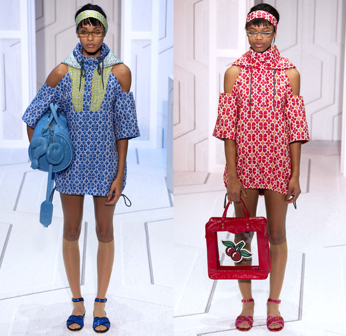 Anya Hindmarch 2018 Spring Summer Womens Runway Catwalk Looks - London Fashion Week Collections United Kingdom - Coat Rainwear Plastic Wide Lapel Sweatshirt Shirtdress Blouse Cutout Shoulders Bell Sleeves Halterneck Collar Hearts Diamonds Rings Embroidery Bedazzled Brocade Jacquard Nerd Geek Grandma Chic Patchwork Flowers Floral Grid Check Maxi Dress Hotpants Hosiery Headband Colored Sunglasses Pillow Puffer Handbag Barrel Canteen Bag Smiley Face Furry Slippers Tote School Shoes Animals