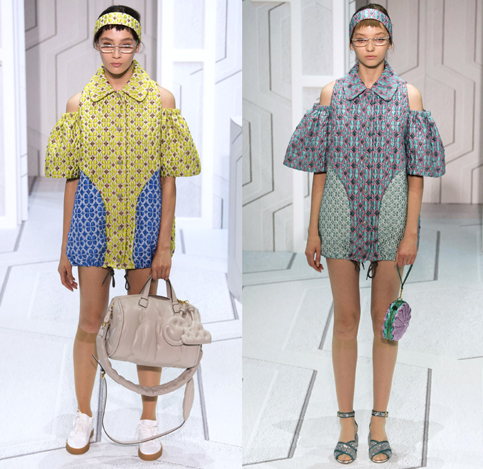 Anya Hindmarch 2018 Spring Summer Womens Runway Catwalk Looks - London Fashion Week Collections United Kingdom - Coat Rainwear Plastic Wide Lapel Sweatshirt Shirtdress Blouse Cutout Shoulders Bell Sleeves Halterneck Collar Hearts Diamonds Rings Embroidery Bedazzled Brocade Jacquard Nerd Geek Grandma Chic Patchwork Flowers Floral Grid Check Maxi Dress Hotpants Hosiery Headband Colored Sunglasses Pillow Puffer Handbag Barrel Canteen Bag Smiley Face Furry Slippers Tote School Shoes Animals