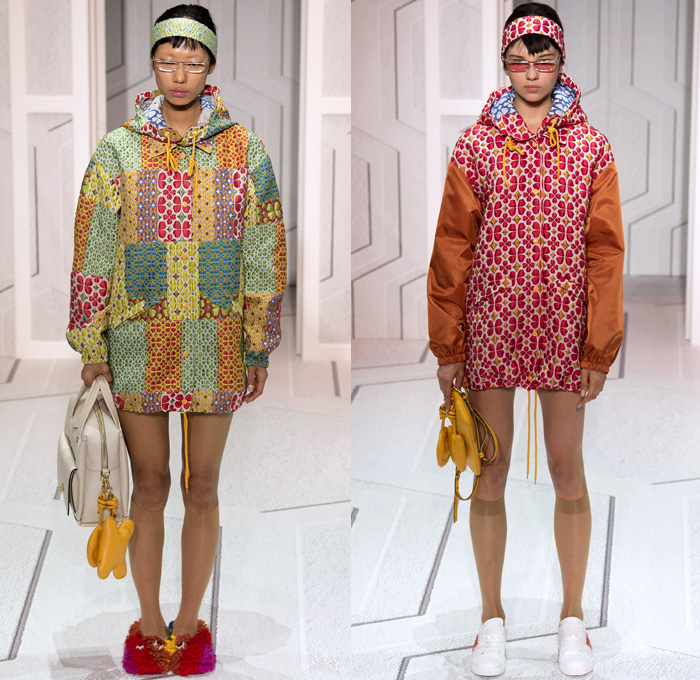 Anya Hindmarch 2018 Spring Summer Womens Runway Catwalk Looks - London Fashion Week Collections United Kingdom - Coat Rainwear Plastic Wide Lapel Sweatshirt Shirtdress Blouse Cutout Shoulders Bell Sleeves Halterneck Collar Hearts Diamonds Rings Embroidery Bedazzled Brocade Jacquard Nerd Geek Grandma Chic Patchwork Flowers Floral Grid Check Maxi Dress Hotpants Hosiery Headband Colored Sunglasses Pillow Puffer Handbag Barrel Canteen Bag Smiley Face Furry Slippers Tote School Shoes Animals