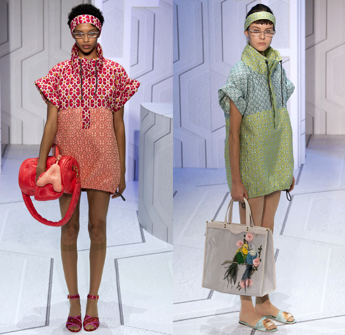 Anya Hindmarch 2018 Spring Summer Womens Runway Catwalk Looks - London Fashion Week Collections United Kingdom - Coat Rainwear Plastic Wide Lapel Sweatshirt Shirtdress Blouse Cutout Shoulders Bell Sleeves Halterneck Collar Hearts Diamonds Rings Embroidery Bedazzled Brocade Jacquard Nerd Geek Grandma Chic Patchwork Flowers Floral Grid Check Maxi Dress Hotpants Hosiery Headband Colored Sunglasses Pillow Puffer Handbag Barrel Canteen Bag Smiley Face Furry Slippers Tote School Shoes Animals