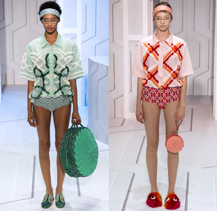 Anya Hindmarch 2018 Spring Summer Womens Runway Catwalk Looks - London Fashion Week Collections United Kingdom - Coat Rainwear Plastic Wide Lapel Sweatshirt Shirtdress Blouse Cutout Shoulders Bell Sleeves Halterneck Collar Hearts Diamonds Rings Embroidery Bedazzled Brocade Jacquard Nerd Geek Grandma Chic Patchwork Flowers Floral Grid Check Maxi Dress Hotpants Hosiery Headband Colored Sunglasses Pillow Puffer Handbag Barrel Canteen Bag Smiley Face Furry Slippers Tote School Shoes Animals