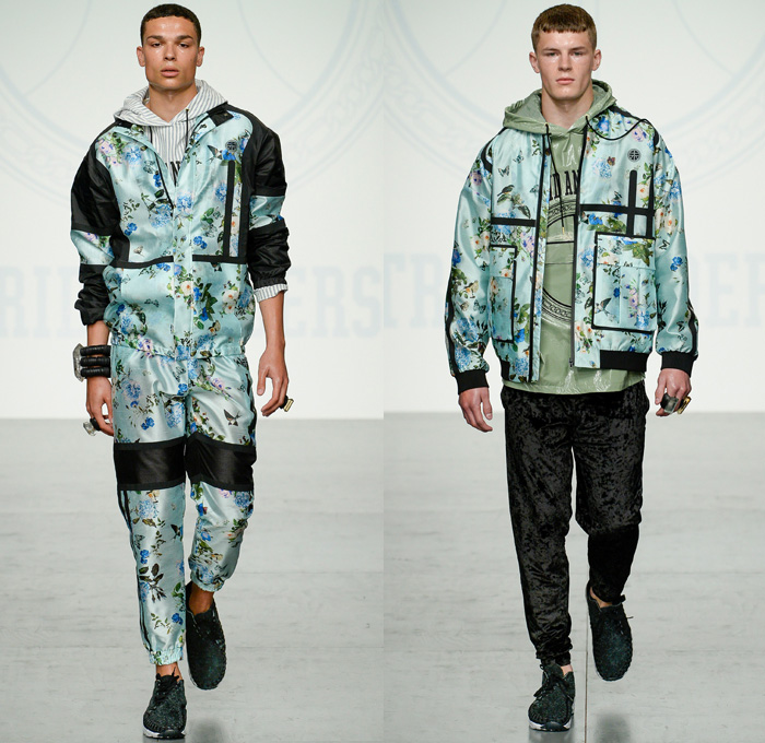 Astrid Andersen 2018 Spring Summer Mens Runway Catwalk Looks - London Fashion Week Mens British Fashion Council UK United Kingdom - Basketball Hoops Safari Racerback Vest Sports Luxe Athleisure Gym Fitness Activewear Trackwear Silk Satin Flowers Floral Leaves Foliage Botanical Print Drawstring Stripes Mix Match Mash Up Velvet Lace Embroidery Mesh Plush Fur Outerwear Coat Bomber Jacket Sweater Jumper Tanktop Hooded Sweatshirt Long Shirt Cargo Pockets Utility Shorts Wide Leg Slouchy Jogger Sweatpants Trackpants Hat Neck Shade Bangles Bracelet Armband