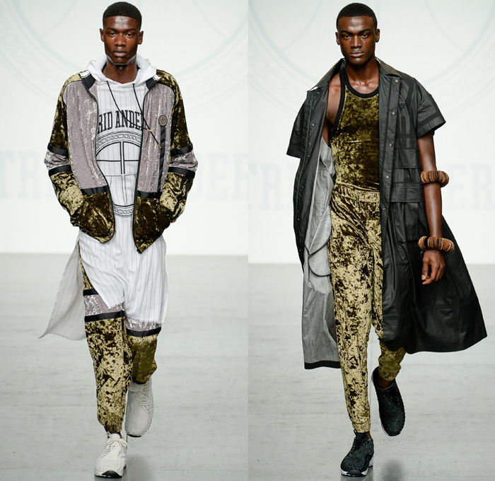 Astrid Andersen 2018 Spring Summer Mens Runway Catwalk Looks - London Fashion Week Mens British Fashion Council UK United Kingdom - Basketball Hoops Safari Racerback Vest Sports Luxe Athleisure Gym Fitness Activewear Trackwear Silk Satin Flowers Floral Leaves Foliage Botanical Print Drawstring Stripes Mix Match Mash Up Velvet Lace Embroidery Mesh Plush Fur Outerwear Coat Bomber Jacket Sweater Jumper Tanktop Hooded Sweatshirt Long Shirt Cargo Pockets Utility Shorts Wide Leg Slouchy Jogger Sweatpants Trackpants Hat Neck Shade Bangles Bracelet Armband