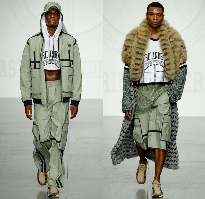 Astrid Andersen 2018 Spring Summer Mens Runway Catwalk Looks - London Fashion Week Mens British Fashion Council UK United Kingdom - Basketball Hoops Safari Racerback Vest Sports Luxe Athleisure Gym Fitness Activewear Trackwear Silk Satin Flowers Floral Leaves Foliage Botanical Print Drawstring Stripes Mix Match Mash Up Velvet Lace Embroidery Mesh Plush Fur Outerwear Coat Bomber Jacket Sweater Jumper Tanktop Hooded Sweatshirt Long Shirt Cargo Pockets Utility Shorts Wide Leg Slouchy Jogger Sweatpants Trackpants Hat Neck Shade Bangles Bracelet Armband