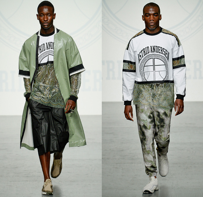 Astrid Andersen 2018 Spring Summer Mens Runway Catwalk Looks - London Fashion Week Mens British Fashion Council UK United Kingdom - Basketball Hoops Safari Racerback Vest Sports Luxe Athleisure Gym Fitness Activewear Trackwear Silk Satin Flowers Floral Leaves Foliage Botanical Print Drawstring Stripes Mix Match Mash Up Velvet Lace Embroidery Mesh Plush Fur Outerwear Coat Bomber Jacket Sweater Jumper Tanktop Hooded Sweatshirt Long Shirt Cargo Pockets Utility Shorts Wide Leg Slouchy Jogger Sweatpants Trackpants Hat Neck Shade Bangles Bracelet Armband