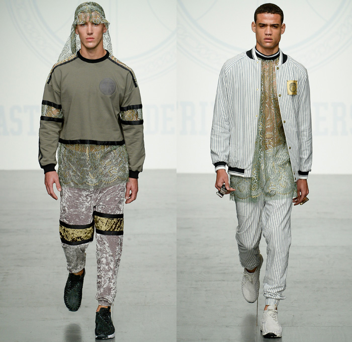 Astrid Andersen 2018 Spring Summer Mens Runway Catwalk Looks - London Fashion Week Mens British Fashion Council UK United Kingdom - Basketball Hoops Safari Racerback Vest Sports Luxe Athleisure Gym Fitness Activewear Trackwear Silk Satin Flowers Floral Leaves Foliage Botanical Print Drawstring Stripes Mix Match Mash Up Velvet Lace Embroidery Mesh Plush Fur Outerwear Coat Bomber Jacket Sweater Jumper Tanktop Hooded Sweatshirt Long Shirt Cargo Pockets Utility Shorts Wide Leg Slouchy Jogger Sweatpants Trackpants Hat Neck Shade Bangles Bracelet Armband