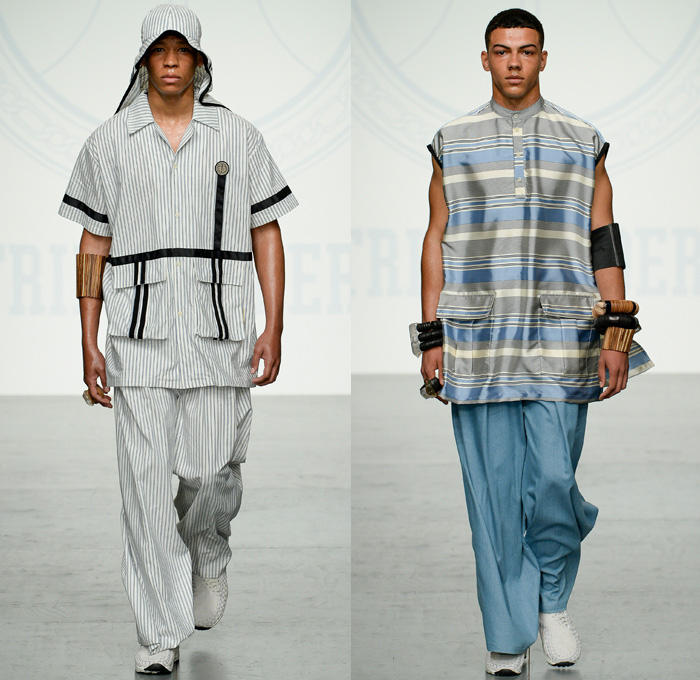 Astrid Andersen 2018 Spring Summer Mens Runway Catwalk Looks - London Fashion Week Mens British Fashion Council UK United Kingdom - Basketball Hoops Safari Racerback Vest Sports Luxe Athleisure Gym Fitness Activewear Trackwear Silk Satin Flowers Floral Leaves Foliage Botanical Print Drawstring Stripes Mix Match Mash Up Velvet Lace Embroidery Mesh Plush Fur Outerwear Coat Bomber Jacket Sweater Jumper Tanktop Hooded Sweatshirt Long Shirt Cargo Pockets Utility Shorts Wide Leg Slouchy Jogger Sweatpants Trackpants Hat Neck Shade Bangles Bracelet Armband