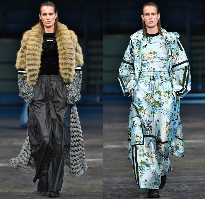 Astrid Andersen 2018 Spring Summer Womens Runway Catwalk Looks - Copenhagen Fashion Week Denmark CPHFW - Denim Jeans Basketball Hoops Safari Racerback Sports Luxe Athletics Athleisure Gym Fitness Activewear Tracksuit Nylon Stripes Plush Fur Outerwear Coat Hooded Sweatshirt Shirtdress Crop Top Midriff Tanktop Silk Satin Flowers Floral Motif Drawstring Stripes Mix Match Mash Up Velvet Lace Embroidery Needlework Maxi Dress Leggings Wide Leg Trousers Palazzo Pants Cargo Pockets Shorts Stocking Socks Flyknits Neck Flaps Field Hat Leg Curtains Warmers Bell Hem Bangles