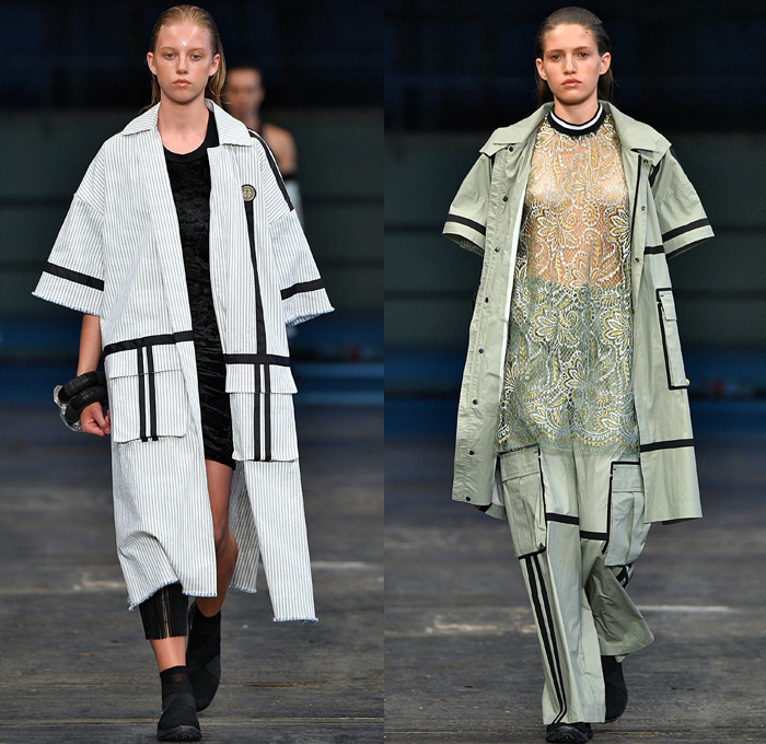 Astrid Andersen 2018 Spring Summer Womens Runway Catwalk Looks - Copenhagen Fashion Week Denmark CPHFW - Denim Jeans Basketball Hoops Safari Racerback Sports Luxe Athletics Athleisure Gym Fitness Activewear Tracksuit Nylon Stripes Plush Fur Outerwear Coat Hooded Sweatshirt Shirtdress Crop Top Midriff Tanktop Silk Satin Flowers Floral Motif Drawstring Stripes Mix Match Mash Up Velvet Lace Embroidery Needlework Maxi Dress Leggings Wide Leg Trousers Palazzo Pants Cargo Pockets Shorts Stocking Socks Flyknits Neck Flaps Field Hat Leg Curtains Warmers Bell Hem Bangles