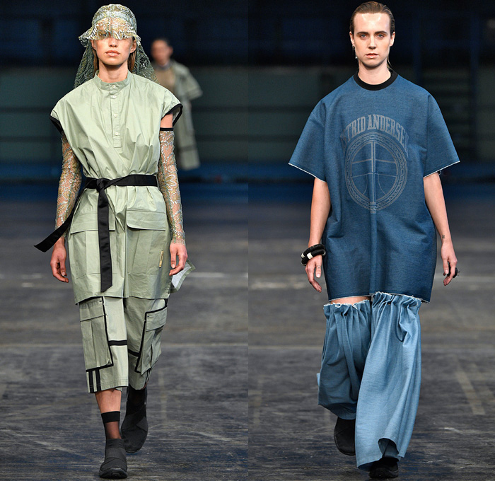 Astrid Andersen 2018 Spring Summer Womens Runway Catwalk Looks - Copenhagen Fashion Week Denmark CPHFW - Denim Jeans Basketball Hoops Safari Racerback Sports Luxe Athletics Athleisure Gym Fitness Activewear Tracksuit Nylon Stripes Plush Fur Outerwear Coat Hooded Sweatshirt Shirtdress Crop Top Midriff Tanktop Silk Satin Flowers Floral Motif Drawstring Stripes Mix Match Mash Up Velvet Lace Embroidery Needlework Maxi Dress Leggings Wide Leg Trousers Palazzo Pants Cargo Pockets Shorts Stocking Socks Flyknits Neck Flaps Field Hat Leg Curtains Warmers Bell Hem Bangles