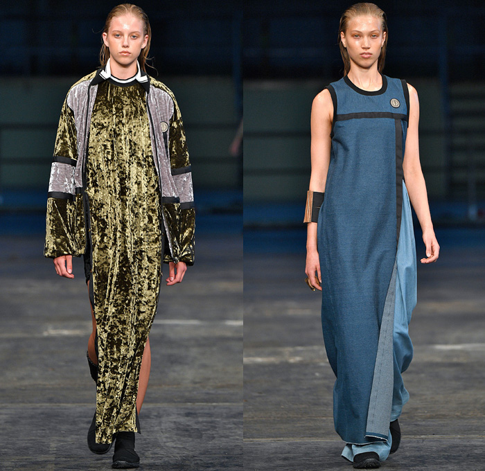 Astrid Andersen 2018 Spring Summer Womens Runway Catwalk Looks - Copenhagen Fashion Week Denmark CPHFW - Denim Jeans Basketball Hoops Safari Racerback Sports Luxe Athletics Athleisure Gym Fitness Activewear Tracksuit Nylon Stripes Plush Fur Outerwear Coat Hooded Sweatshirt Shirtdress Crop Top Midriff Tanktop Silk Satin Flowers Floral Motif Drawstring Stripes Mix Match Mash Up Velvet Lace Embroidery Needlework Maxi Dress Leggings Wide Leg Trousers Palazzo Pants Cargo Pockets Shorts Stocking Socks Flyknits Neck Flaps Field Hat Leg Curtains Warmers Bell Hem Bangles