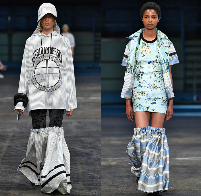 Astrid Andersen 2018 Spring Summer Womens Runway Catwalk Looks - Copenhagen Fashion Week Denmark CPHFW - Denim Jeans Basketball Hoops Safari Racerback Sports Luxe Athletics Athleisure Gym Fitness Activewear Tracksuit Nylon Stripes Plush Fur Outerwear Coat Hooded Sweatshirt Shirtdress Crop Top Midriff Tanktop Silk Satin Flowers Floral Motif Drawstring Stripes Mix Match Mash Up Velvet Lace Embroidery Needlework Maxi Dress Leggings Wide Leg Trousers Palazzo Pants Cargo Pockets Shorts Stocking Socks Flyknits Neck Flaps Field Hat Leg Curtains Warmers Bell Hem Bangles