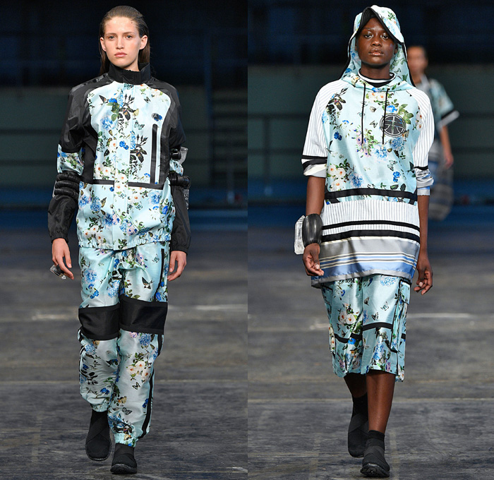 Astrid Andersen 2018 Spring Summer Womens Runway Catwalk Looks - Copenhagen Fashion Week Denmark CPHFW - Denim Jeans Basketball Hoops Safari Racerback Sports Luxe Athletics Athleisure Gym Fitness Activewear Tracksuit Nylon Stripes Plush Fur Outerwear Coat Hooded Sweatshirt Shirtdress Crop Top Midriff Tanktop Silk Satin Flowers Floral Motif Drawstring Stripes Mix Match Mash Up Velvet Lace Embroidery Needlework Maxi Dress Leggings Wide Leg Trousers Palazzo Pants Cargo Pockets Shorts Stocking Socks Flyknits Neck Flaps Field Hat Leg Curtains Warmers Bell Hem Bangles