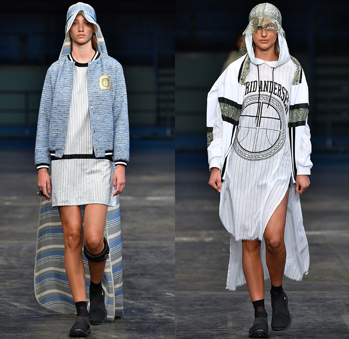 Astrid Andersen 2018 Spring Summer Womens Runway Catwalk Looks - Copenhagen Fashion Week Denmark CPHFW - Denim Jeans Basketball Hoops Safari Racerback Sports Luxe Athletics Athleisure Gym Fitness Activewear Tracksuit Nylon Stripes Plush Fur Outerwear Coat Hooded Sweatshirt Shirtdress Crop Top Midriff Tanktop Silk Satin Flowers Floral Motif Drawstring Stripes Mix Match Mash Up Velvet Lace Embroidery Needlework Maxi Dress Leggings Wide Leg Trousers Palazzo Pants Cargo Pockets Shorts Stocking Socks Flyknits Neck Flaps Field Hat Leg Curtains Warmers Bell Hem Bangles