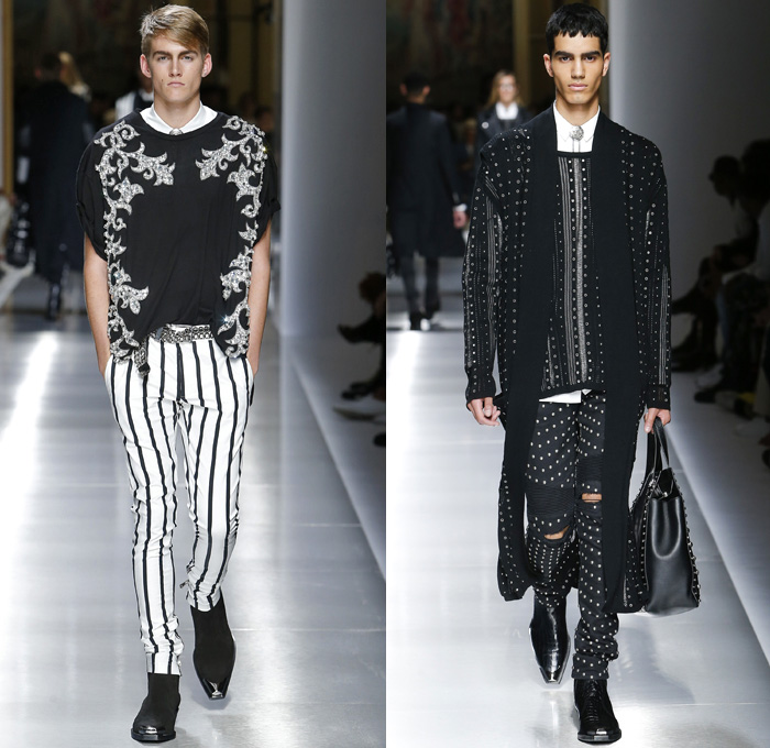 Balmain 2018 Spring Summer Mens Runway Catwalk Looks - Mode à Paris Fashion Week Mode Masculine France - U.S.A. Flag Stars Stripes Western Ornamental Decorative Art Embroidery Embellishments Adornments Decorated Bedazzled Jewels Metallic Studs Chain Hardware Racing Check Basketweave Knit Crochet Mesh Perforated Lasercut Cutout Lace Fringes Trims Threads Rope Braid Suede Tie-Dye Grommet Eyelets Rings Tweed Tweel Outerwear Trench Coat Suit Blazer Kimono Robe Wrap Trenchjacket Quilted Waffle Motorcycle Biker Rider Leather Jacket Sleeveless Vest Waistcoat Long Shirt Mullet Hem Dovetail Sweater Jumper Skinny Slim Pants Trousers Ribbed Knee Panels Zipper Denim Jeans Frayed Raw Hem Destroyed Glasses Boots Dog Tags Gladiator Sandals Duffel Barrel Bag Tote Backpack